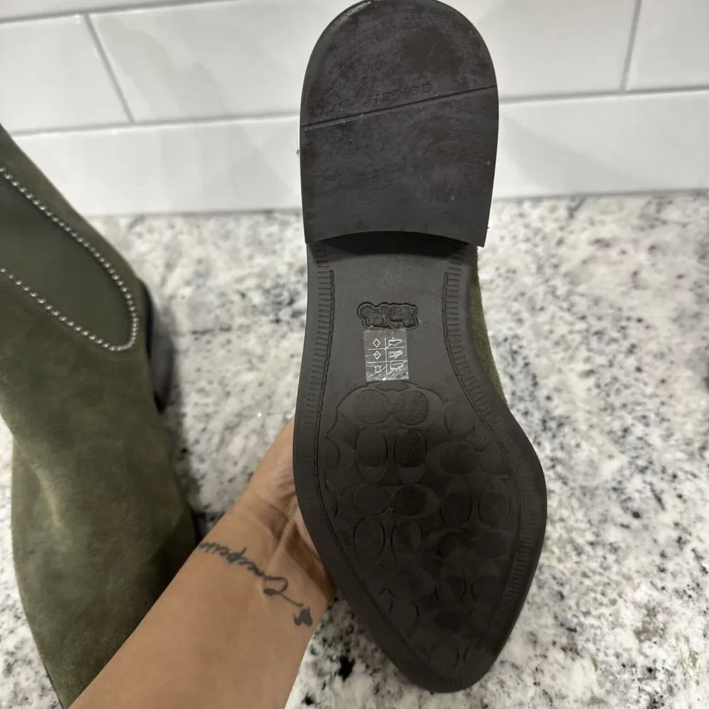 Coach Womens Bowery‎ Bead Chelsea Suede Khaki Green Ankle Boots 36.5 US 6B